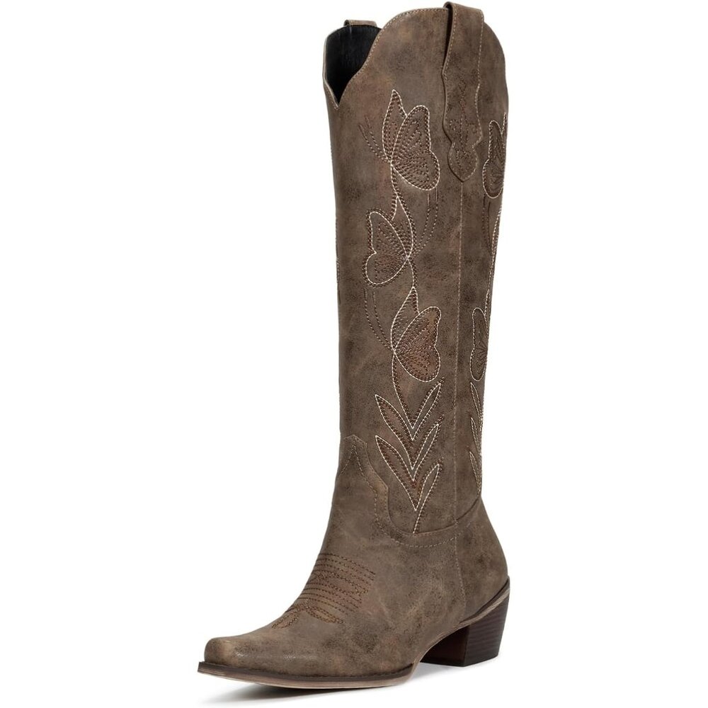 Women's Taupe Brown Butterfly Faux Leather Embroidered Zipper Chunky Heel Boot